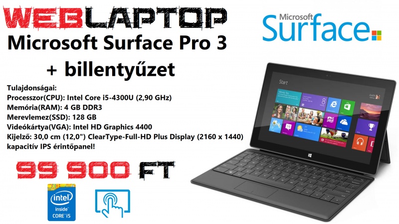 Microsoft Surface Pro 3 Laptopot helyettesítő táblagép
